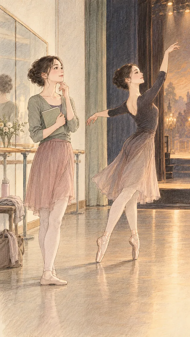 本を手にした女性が、踊る人を見つめている（イラスト）