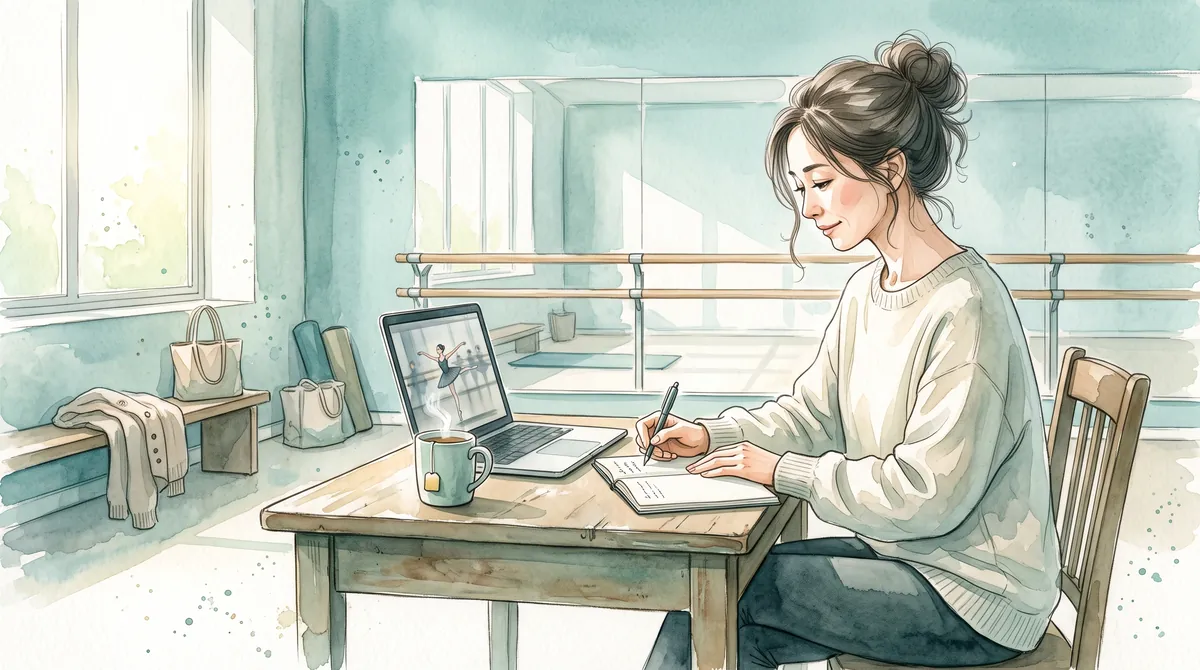 朝のスタジオで、レッスン動画を見ながらノートに書きとめる先生(イラスト)