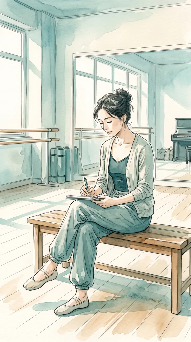 稽古のあと、スタジオのベンチでノートに書きとめる先生(イラスト)