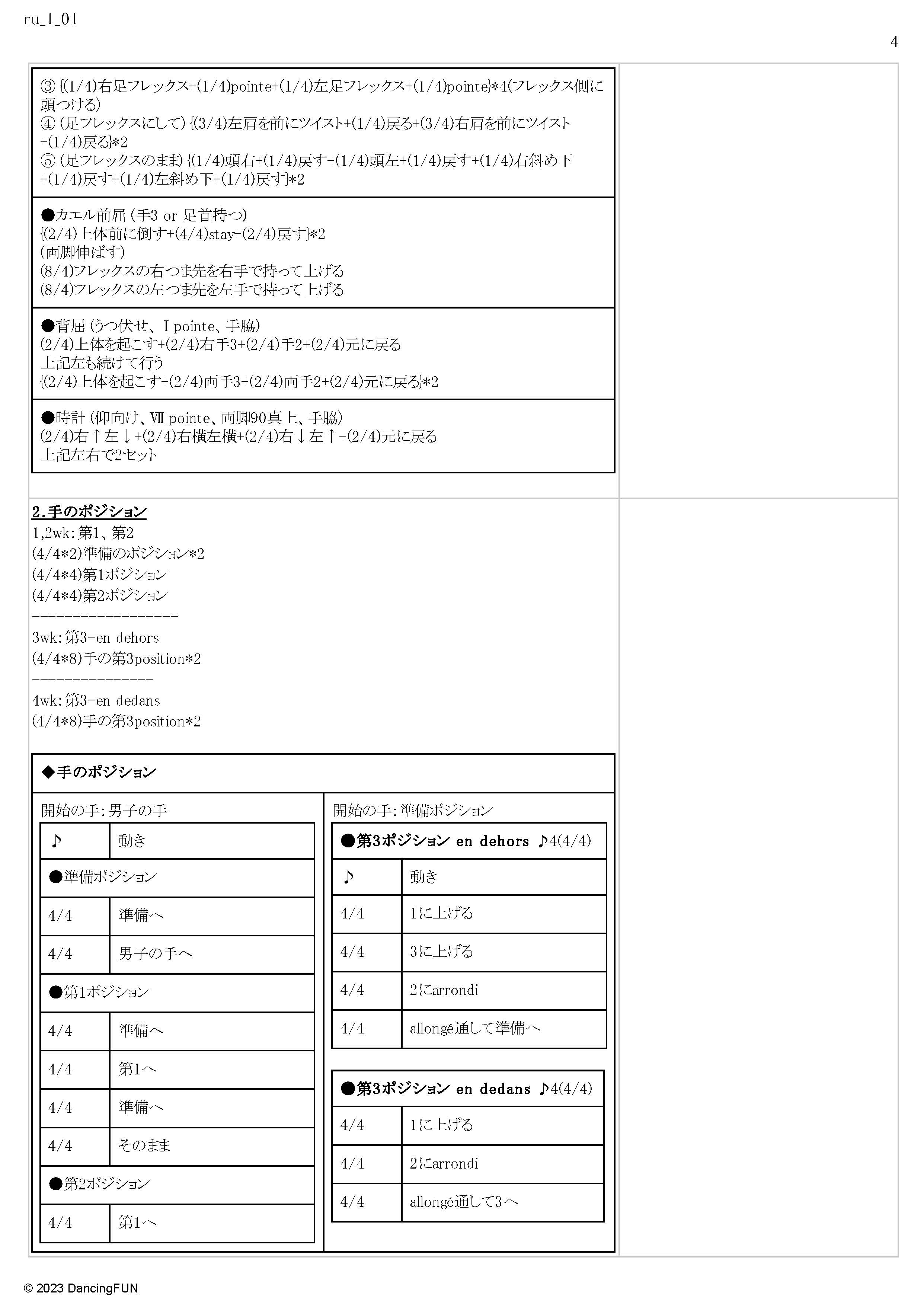 フロア・バーと手の週別課題